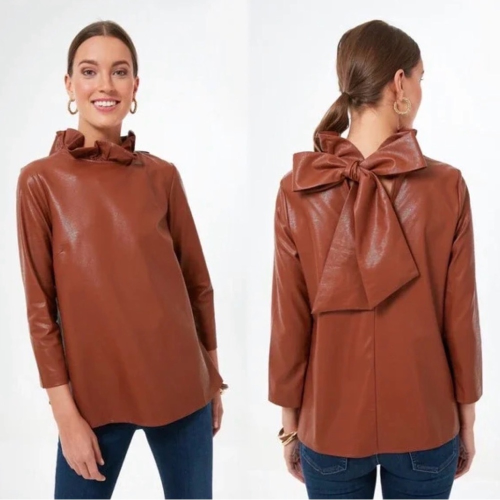 Tuckernuck Cognac Faux Leather Faye Blouse Size Medium Ruffle Neck Back Bow